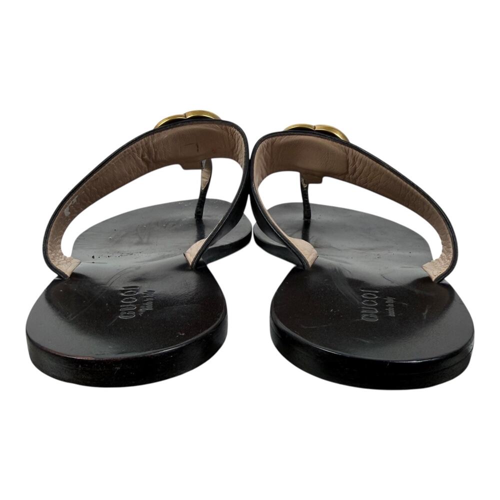 Gucci Black Leather Thong Sandal Gold Double G Logo Size 38.5 - Picture 9 of 13
